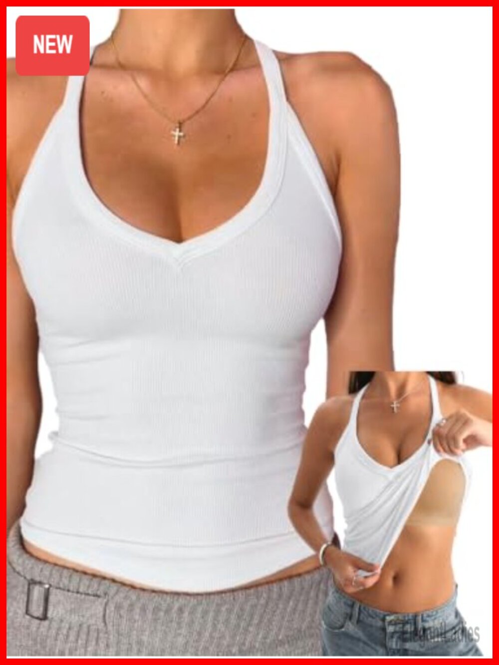 V Neck Cotton Tank Top Built-in Shelf Bra Racerback Fitted Cami